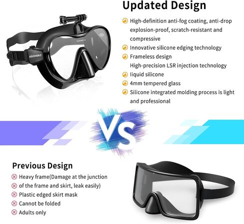 قناع غص قناع غوص بدون إطار مع حامل لـ Gopro، نظارات عدسة مقسى مضادة للضباب، قناع سباحة للغوص، مجموعة معدات الغطس للغوص، والغطس، والغوص الحر، والسباحة للبالغين in Kuwait