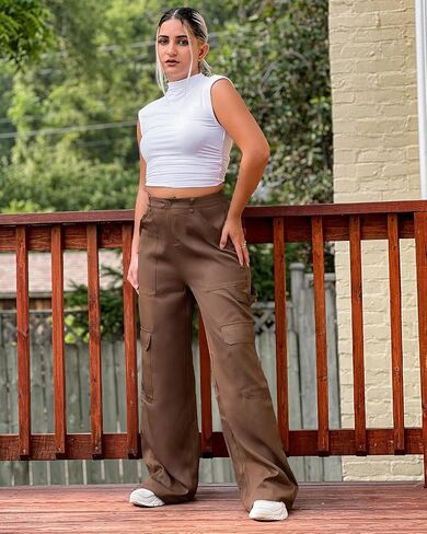 luvamia 2023 Cargo Pants Women Baggy High Waisted Wide Leg Trousers with Pockets Casual Elastic Waist Stretchy Y2K Pants in Saudi Arabia