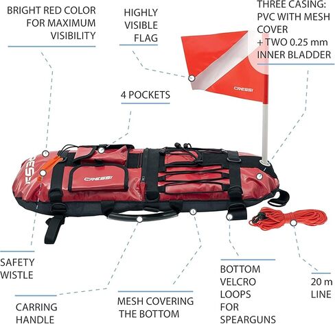 Cressi Spearfishing Signal Board Buoy - Spearguns Holder w/Line & Flag - Pockets, Ring - Designed Quality Since 1946, Red/White/Black in Saudi Arabia
