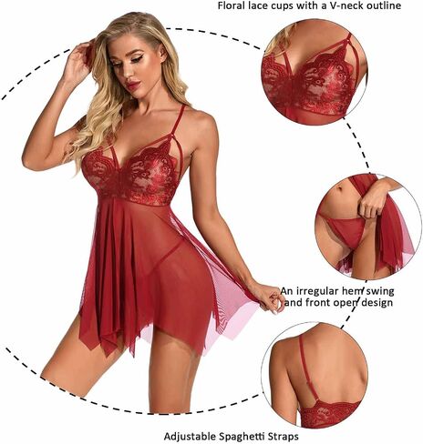 Aranmei Women Lingerie Babydoll Sexy Lace Chemise V Neck Sleepwear Nightgown Boudoir Outfits in Saudi Arabia
