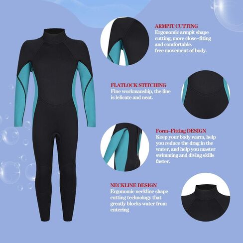 بدلة سباحة Nataly Osmann للأطفال مقاس 3 مم من النيوبرين الحراري بأكمام طويلة للأولاد والبنات والشباب الصغار، بدلات رطبة تحافظ على الدفء بسحاب خلفي للرياضات المائية والغوص وركوب الأمواج والسباحة in Kuwait