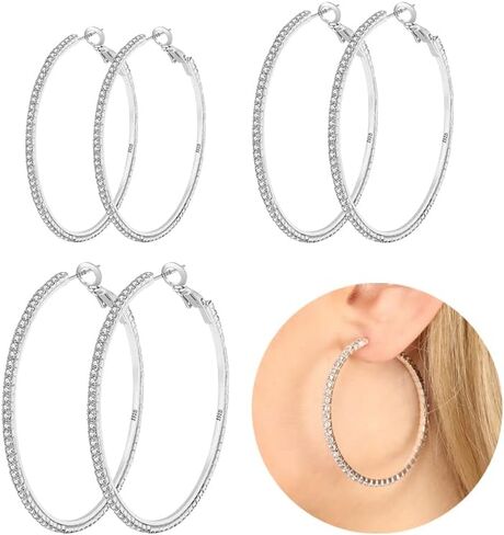 PRETOLE 3 Pairs 925 Sterling Silver Hoops Earrings for Women, Sterling Silver Large Rhinestone Hoop Earrings with Cubic Zirconia Lightweight Hypoallergenic Big Sterling Silver Earrings Set for Women in Kuwait