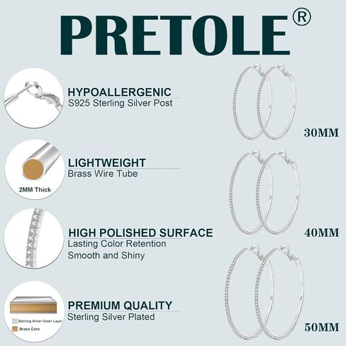 PRETOLE 3 Pairs 925 Sterling Silver Hoops Earrings for Women, Sterling Silver Large Rhinestone Hoop Earrings with Cubic Zirconia Lightweight Hypoallergenic Big Sterling Silver Earrings Set for Women in Kuwait