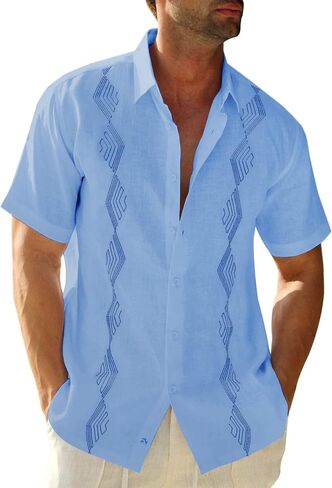قميص Makkrom الرجالي Guayabera الكوبي بأكمام قصيرة وأزرار سفلية، قمصان كاجوال صيفية للشاطئ in Kuwait
