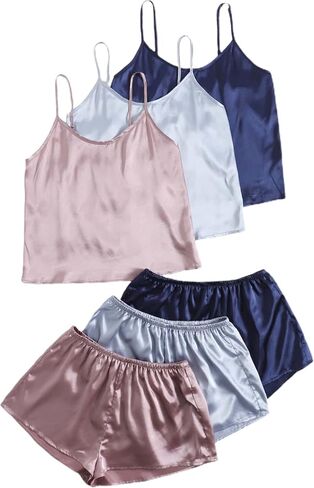 GORGLITTER Women's 3 Sets Silk Satin Pajamas Set Sleeveless V Neck Crop Cami Top and Shorts Set Sleepwear Loungewear in Kuwait