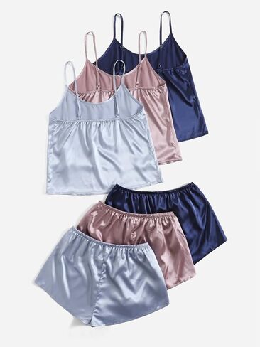 GORGLITTER Women's 3 Sets Silk Satin Pajamas Set Sleeveless V Neck Crop Cami Top and Shorts Set Sleepwear Loungewear in Kuwait