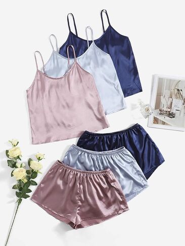 GORGLITTER Women's 3 Sets Silk Satin Pajamas Set Sleeveless V Neck Crop Cami Top and Shorts Set Sleepwear Loungewear in Kuwait