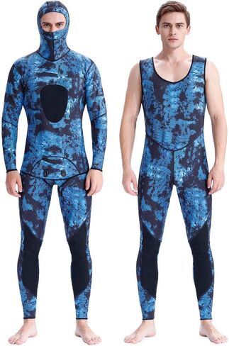 Homruilink Men's Spearfishing Wetsuits,3MM Camouflage One Piece Neoprene Diving Suit/Two-Pieces Hooded Snorkeling Suit for Freediving Snorkeling Swimming Full Wetsuit in Kuwait