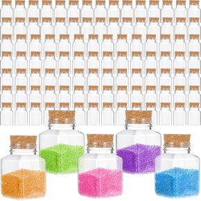 Tanlade 100 Pcs 2 oz Plastic Sand Art Bottles with Cork Stoppers Clear Mini Jars Square Shape Mini Vial Potion Bottles for Gift Favors, Spices, Herbs, Glitter, DIY Arts Party Favors in Kuwait