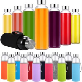 Vesici 12 Set 18 oz Clear Glass Water Bottles, Reusable Glass Juicing Bottles with Colorful Protection Sleeve and Stainless Steel Leak Proof Lids for Milk Smoothie Juice Beverage Tea in Kuwait