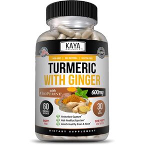Kaya Naturals - الكركم مع الزنجبيل والبيوبيرين - الكركمين 95% كوركومينويد - دعم نباتي للمفاصل مع البيوبيرين لامتصاص عالي - الكركمين مصنوع في الطبيعة 1300 مجم - 60 قطعة نباتية in Kuwait