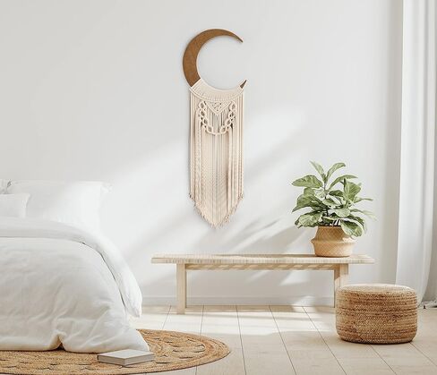 مكرمية خشبية للتعليق على الحائط على شكل هلال وقمر | صائد الاحلام، نسيج قمر | ديكور حائط بوهو، ديكور غرفة ايندي | ديكور بوهو انيق لغرفة النوم in Kuwait
