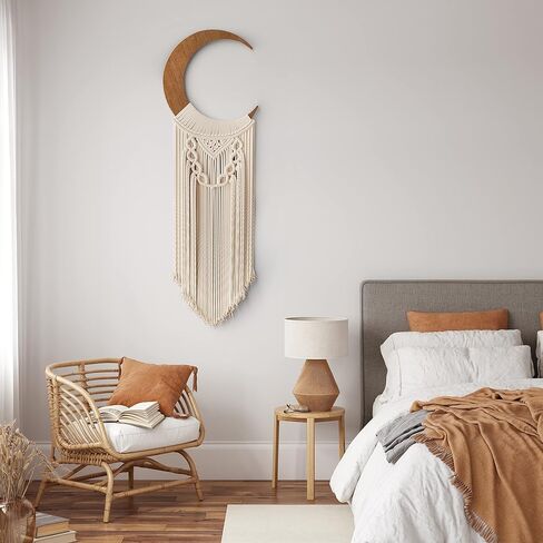 مكرمية خشبية للتعليق على الحائط على شكل هلال وقمر | صائد الاحلام، نسيج قمر | ديكور حائط بوهو، ديكور غرفة ايندي | ديكور بوهو انيق لغرفة النوم in Kuwait