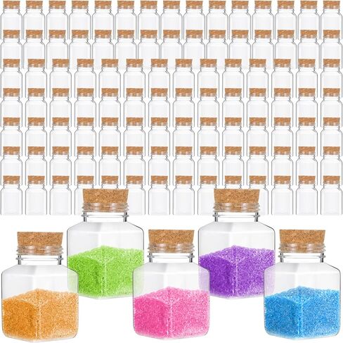 Tanlade 100 Pcs 2 oz Plastic Sand Art Bottles with Cork Stoppers Clear Mini Jars Square Shape Mini Vial Potion Bottles for Gift Favors, Spices, Herbs, Glitter, DIY Arts Party Favors in Kuwait