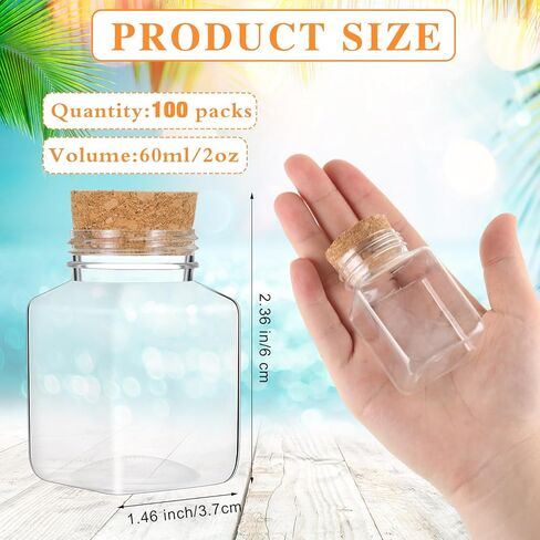 Tanlade 100 Pcs 2 oz Plastic Sand Art Bottles with Cork Stoppers Clear Mini Jars Square Shape Mini Vial Potion Bottles for Gift Favors, Spices, Herbs, Glitter, DIY Arts Party Favors in Kuwait
