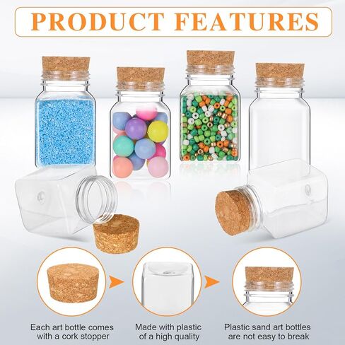 Tanlade 100 Pcs 2 oz Plastic Sand Art Bottles with Cork Stoppers Clear Mini Jars Square Shape Mini Vial Potion Bottles for Gift Favors, Spices, Herbs, Glitter, DIY Arts Party Favors in Kuwait