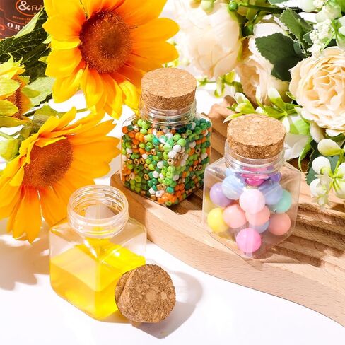 Tanlade 100 Pcs 2 oz Plastic Sand Art Bottles with Cork Stoppers Clear Mini Jars Square Shape Mini Vial Potion Bottles for Gift Favors, Spices, Herbs, Glitter, DIY Arts Party Favors in Kuwait