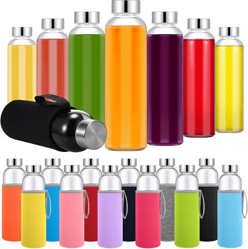 Vesici 12 Set 18 oz Clear Glass Water Bottles, Reusable Glass Juicing Bottles with Colorful Protection Sleeve and Stainless Steel Leak Proof Lids for Milk Smoothie Juice Beverage Tea in Kuwait