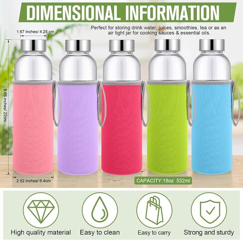 Vesici 12 Set 18 oz Clear Glass Water Bottles, Reusable Glass Juicing Bottles with Colorful Protection Sleeve and Stainless Steel Leak Proof Lids for Milk Smoothie Juice Beverage Tea in Kuwait