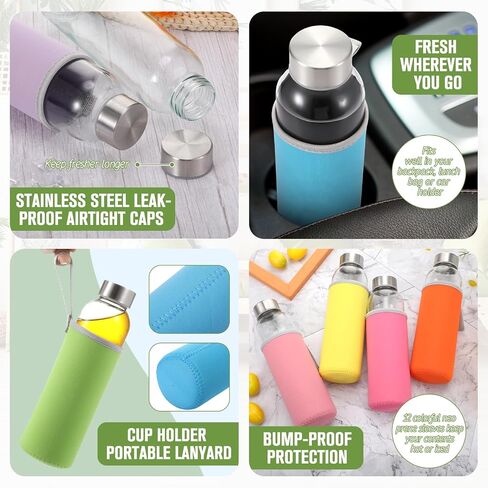 Vesici 12 Set 18 oz Clear Glass Water Bottles, Reusable Glass Juicing Bottles with Colorful Protection Sleeve and Stainless Steel Leak Proof Lids for Milk Smoothie Juice Beverage Tea in Kuwait