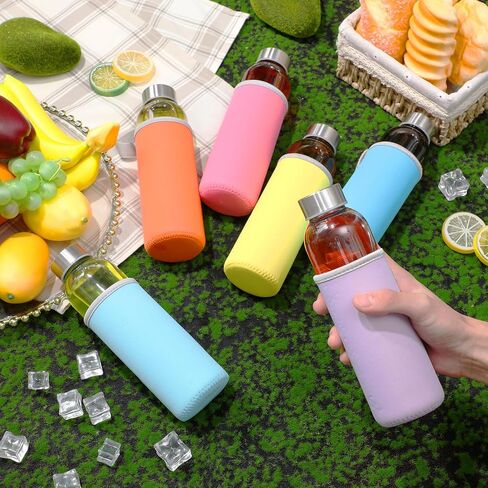Vesici 12 Set 18 oz Clear Glass Water Bottles, Reusable Glass Juicing Bottles with Colorful Protection Sleeve and Stainless Steel Leak Proof Lids for Milk Smoothie Juice Beverage Tea in Kuwait