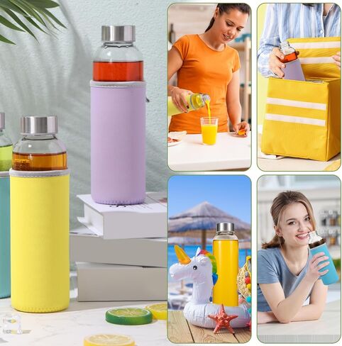 Vesici 12 Set 18 oz Clear Glass Water Bottles, Reusable Glass Juicing Bottles with Colorful Protection Sleeve and Stainless Steel Leak Proof Lids for Milk Smoothie Juice Beverage Tea in Kuwait