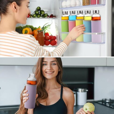 Vesici 12 Set 18 oz Clear Glass Water Bottles, Reusable Glass Juicing Bottles with Colorful Protection Sleeve and Stainless Steel Leak Proof Lids for Milk Smoothie Juice Beverage Tea in Kuwait