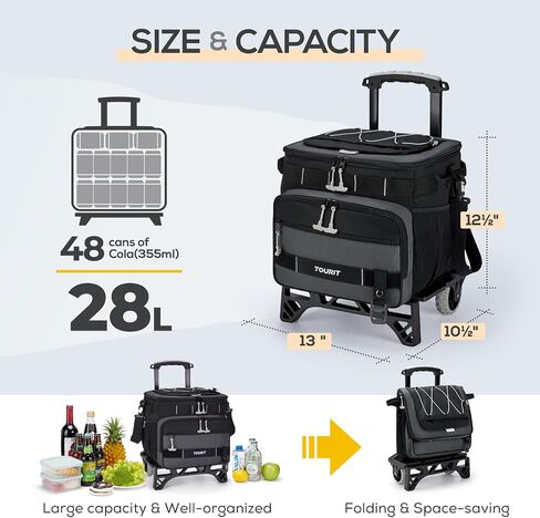 TOURIT Collapsible 48-Can Leak-Proof Insulated Rolling Cooler with All-Terrain Cart, Upgraded Fixtures and New Wheels Suitable for Beach, Picnic, Shopping in Kuwait