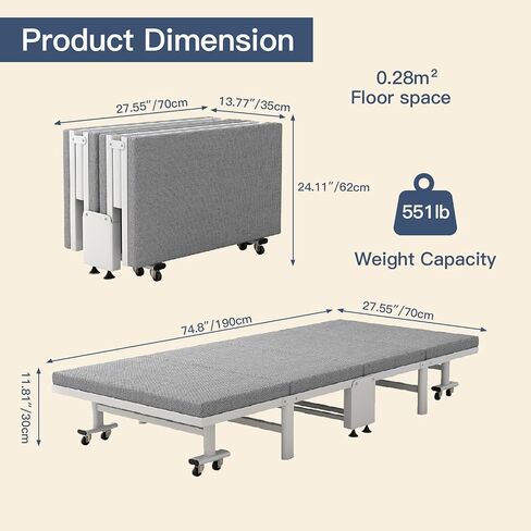 سرير قابل للطي مع مرتبة للبالغين من PODINAH، سرير ضيوف محمول قابل للطي مع 5 أوضاع مسند ظهر قابل للتعديل، سرير متدحرج بإطار فولاذي مقوى قابل للطي، مثالي للمكتب والمهاجع والتخييم in Kuwait