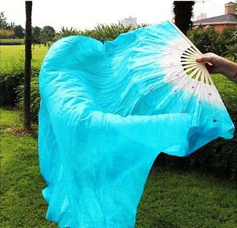 موفوكا مروحة رقص من الحرير الصناعي، مروحة طويلة مصنوعة يدويا من الخيزران للرقص الشرقي للاداء المسرحي والحفلات والرقص للنساء (ازرق) in Kuwait