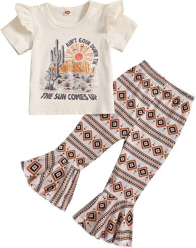 CM C&M WODRO Toddler Baby Girl Bell Bottom Outfits Western Cowgirl Flying Sleeve T Shirt + Boho Flared Bell Bottom Pants in Saudi Arabia