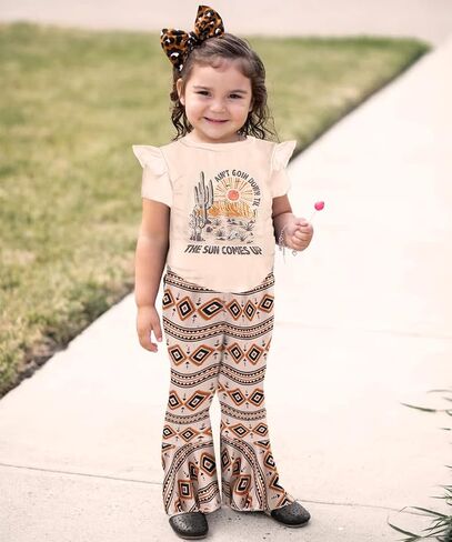 CM C&M WODRO Toddler Baby Girl Bell Bottom Outfits Western Cowgirl Flying Sleeve T Shirt + Boho Flared Bell Bottom Pants in Saudi Arabia