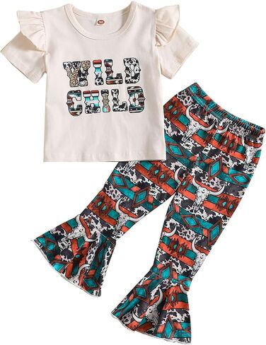 CM C&M WODRO Toddler Baby Girl Bell Bottom Outfits Western Cowgirl Flying Sleeve T Shirt + Boho Flared Bell Bottom Pants in Saudi Arabia