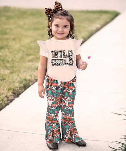 CM C&M WODRO Toddler Baby Girl Bell Bottom Outfits Western Cowgirl Flying Sleeve T Shirt + Boho Flared Bell Bottom Pants in Saudi Arabia