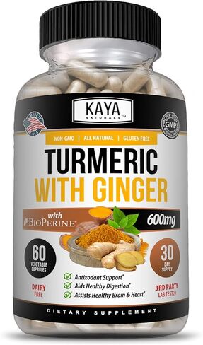 Kaya Naturals - الكركم مع الزنجبيل والبيوبيرين - الكركمين 95% كوركومينويد - دعم نباتي للمفاصل مع البيوبيرين لامتصاص عالي - الكركمين مصنوع في الطبيعة 1300 مجم - 60 قطعة نباتية in Kuwait