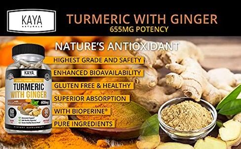 Kaya Naturals - الكركم مع الزنجبيل والبيوبيرين - الكركمين 95% كوركومينويد - دعم نباتي للمفاصل مع البيوبيرين لامتصاص عالي - الكركمين مصنوع في الطبيعة 1300 مجم - 60 قطعة نباتية in Kuwait