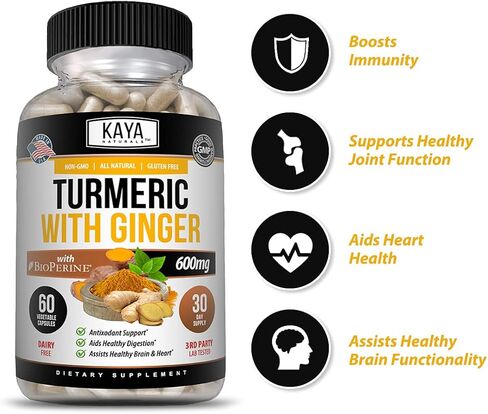 Kaya Naturals - الكركم مع الزنجبيل والبيوبيرين - الكركمين 95% كوركومينويد - دعم نباتي للمفاصل مع البيوبيرين لامتصاص عالي - الكركمين مصنوع في الطبيعة 1300 مجم - 60 قطعة نباتية in Kuwait