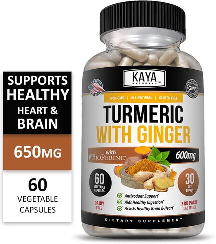 Kaya Naturals - الكركم مع الزنجبيل والبيوبيرين - الكركمين 95% كوركومينويد - دعم نباتي للمفاصل مع البيوبيرين لامتصاص عالي - الكركمين مصنوع في الطبيعة 1300 مجم - 60 قطعة نباتية in Kuwait