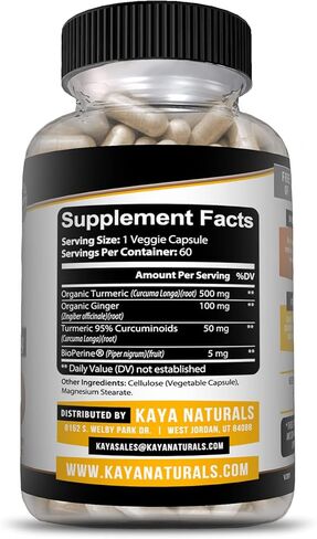 Kaya Naturals - الكركم مع الزنجبيل والبيوبيرين - الكركمين 95% كوركومينويد - دعم نباتي للمفاصل مع البيوبيرين لامتصاص عالي - الكركمين مصنوع في الطبيعة 1300 مجم - 60 قطعة نباتية in Kuwait