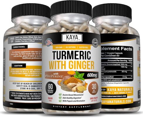 Kaya Naturals - الكركم مع الزنجبيل والبيوبيرين - الكركمين 95% كوركومينويد - دعم نباتي للمفاصل مع البيوبيرين لامتصاص عالي - الكركمين مصنوع في الطبيعة 1300 مجم - 60 قطعة نباتية in Kuwait