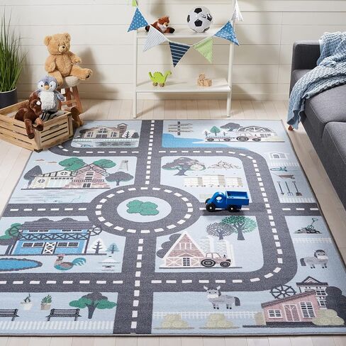 SAFAVIEH Kids Playhouse Collection Area Rug - 3'3" Square, Blue & Dark Grey, Machine Washable & Slip Resistant, Neighborhood Road Design, Ideal for Kids Bedroom, Playroom, Nursery (KPH232M-3SQ) in Saudi Arabia