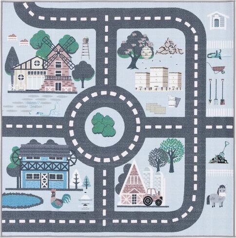 SAFAVIEH Kids Playhouse Collection Area Rug - 3'3" Square, Blue & Dark Grey, Machine Washable & Slip Resistant, Neighborhood Road Design, Ideal for Kids Bedroom, Playroom, Nursery (KPH232M-3SQ) in Saudi Arabia