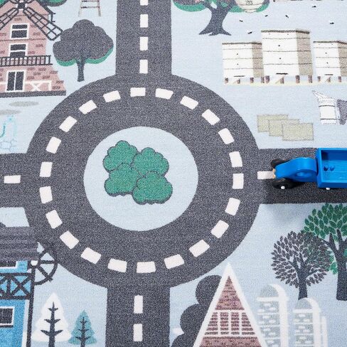 SAFAVIEH Kids Playhouse Collection Area Rug - 3'3" Square, Blue & Dark Grey, Machine Washable & Slip Resistant, Neighborhood Road Design, Ideal for Kids Bedroom, Playroom, Nursery (KPH232M-3SQ) in Saudi Arabia