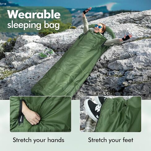 حقيبة نوم للتخييم يمكن ارتداؤها للبالغين والأطفال مع غطاء للرأس، قطن 400 جرام في المتر المربع من الفلانيل خفيف الوزن مقاوم للماء 3 فصول الطقس الدافئ والبارد لحقيبة الظهر والمشي لمسافات طويلة والداخل والخارج، مع كيس ضغط in Kuwait
