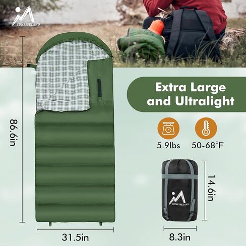 حقيبة نوم للتخييم يمكن ارتداؤها للبالغين والأطفال مع غطاء للرأس، قطن 400 جرام في المتر المربع من الفلانيل خفيف الوزن مقاوم للماء 3 فصول الطقس الدافئ والبارد لحقيبة الظهر والمشي لمسافات طويلة والداخل والخارج، مع كيس ضغط in Kuwait