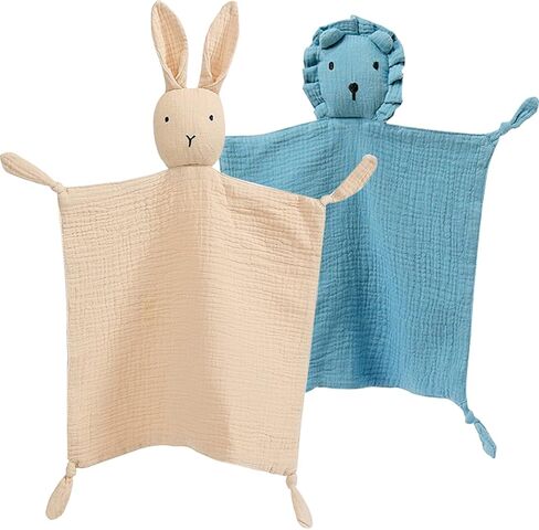 Organic Cotton Muslin Lovey Blanket, Organic Cotton Muslin Bunny & Lion Security Blanket Soft & Breathable Lovie Baby Gifts for Boys and Girls (Beige Bunny/Khaki Lion) in Kuwait