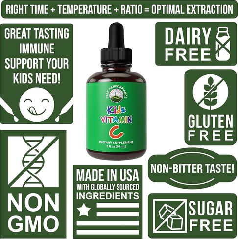فيتامين سي للأطفال. قطرات فيتامين سي السائل ذات المذاق الأفضل للأطفال الصغار والأطفال والمراهقين. خالي من السكر، غير معدل وراثيًا، خالي من الغلوتين، مكمل نباتي. امزجه مع العصير أو الحليب أو الماء وسيحبه أطفالك! in Kuwait