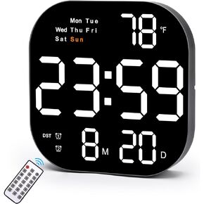 ساعة حائط رقمية SZELAM، ساعة منبه رقمية LED مقاس 10.5 بوصة، شاشة كبيرة مع جهاز تحكم عن بعد، التاريخ ودرجة الحرارة، تعتيم تلقائي، يوم من الأسبوع، لغرفة المعيشة، ديكور غرفة النوم، كبار السن - مختلط in Kuwait