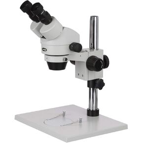 AmScope SM-1BX مجهر تكبير ستيريو ثنائي العينين احترافي، عدسات WH10x، تكبير 3.5X-45X، هدف تكبير 0.7X-4.5X، إضاءة محيطة، حامل عمود طاولة كبير، يتضمن عدسة بارلو 0.5x in Kuwait