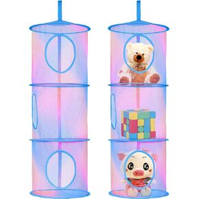 2 Pcs Hanging Mesh Storage Basket for Kids Room, Bathroom and Balcony, 4 Tier Foldable Hanging Organizer, Net for Stuffed Animals Corner（White）